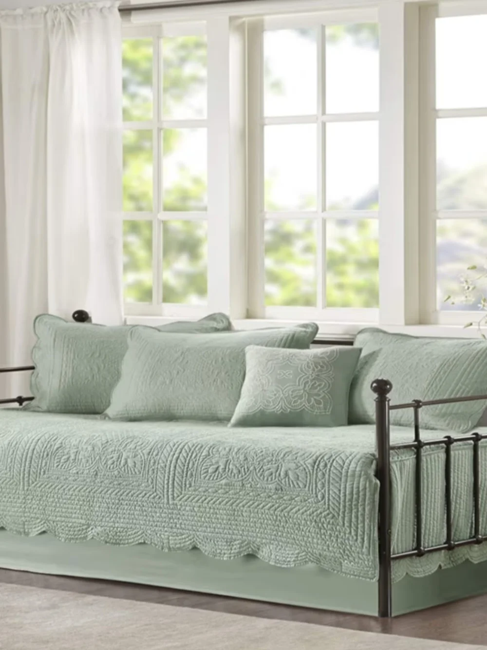 Daybed Coverlet 6 Pcs Set Damask Quilted Seafoam Green for Daybeds, All Seasons